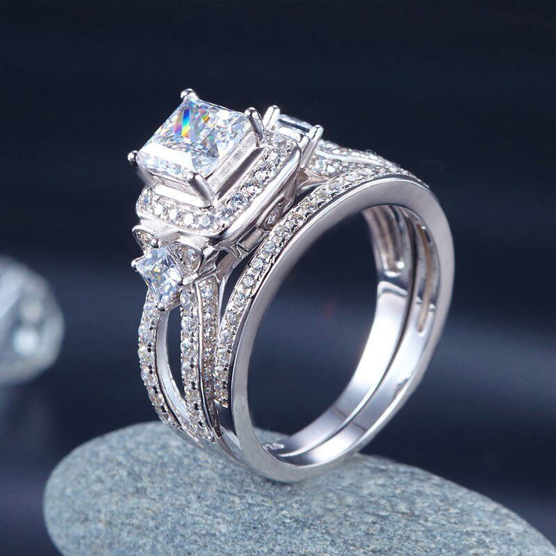 Princess Cut 925 Sterling Silver Wedding Engagement Ring Set